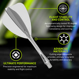 Winmau Fusion Arrow Integrated Flight & Shaft Clear promotional graphic highlighting the key features and performance benefits.