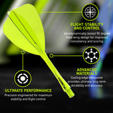 Winmau Fusion Arrow Integrated Flight & Shaft Yellow promotional graphic highlighting the key features and performance benefits.