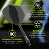 Fusion Integrated Flight & Shaft Black No6 by Winmau promotional graphic highlighting the key features and performance benefits.
