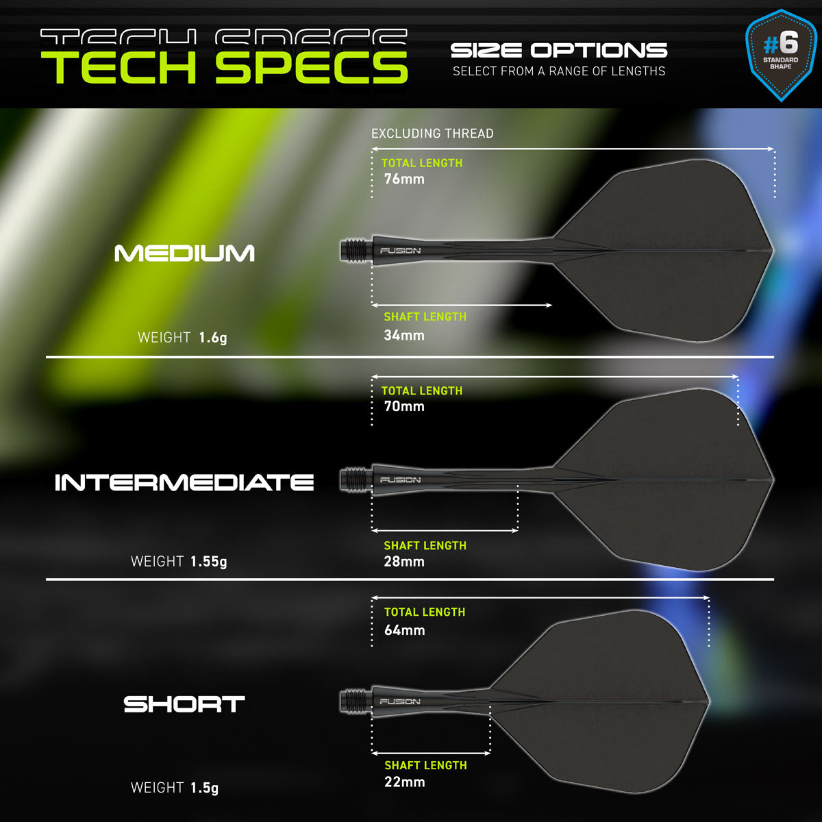 Fusion Integrated Flight & Shaft Black No6 by Winmau graphic displaying the product specifications and key technical information.