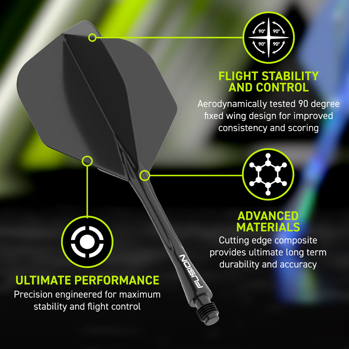 Fusion Integrated Flight & Shaft Black No6 by Winmau promotional graphic highlighting the key features and performance benefits.