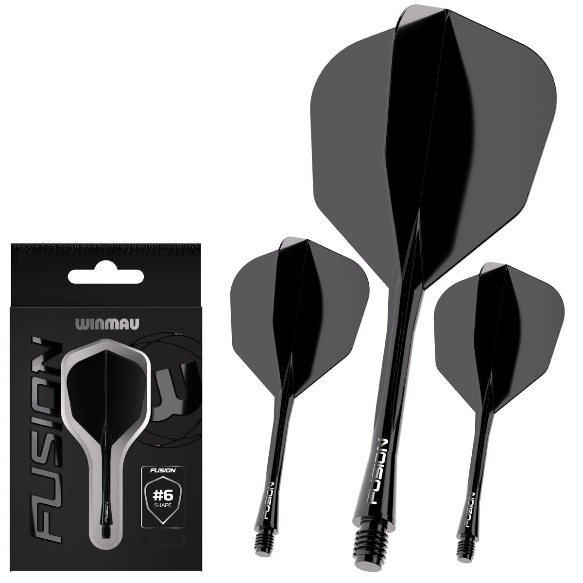 Fusion Integrated Flight & Shaft Black No6 by Winmau image showing the retail packaging.