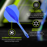 Winmau Fusion Integrated Flight & Shaft Blue No6 promotional graphic highlighting the key features and performance benefits.
