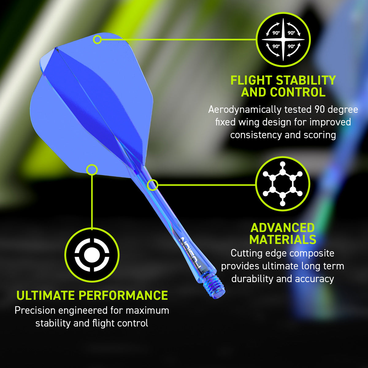 Winmau Fusion Integrated Flight & Shaft Blue No6 promotional graphic highlighting the key features and performance benefits.