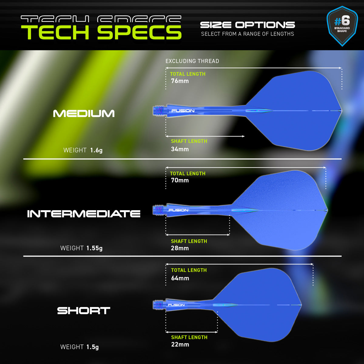 Winmau Fusion Integrated Flight & Shaft Blue No6 graphic displaying the product specifications and key technical information.
