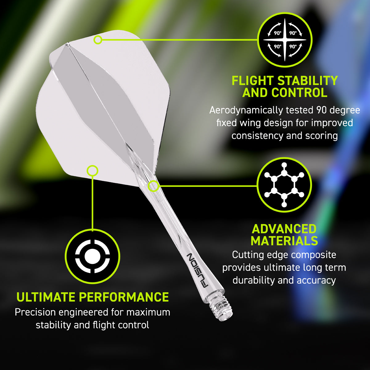Fusion Integrated Flight & Shaft Clear No2 by Winmau promotional graphic highlighting the key features and performance benefits.