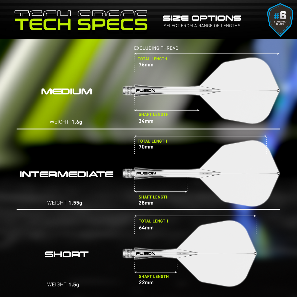 Fusion Integrated Flight & Shaft Clear No6 by Winmau graphic displaying the product specifications and key technical information.
