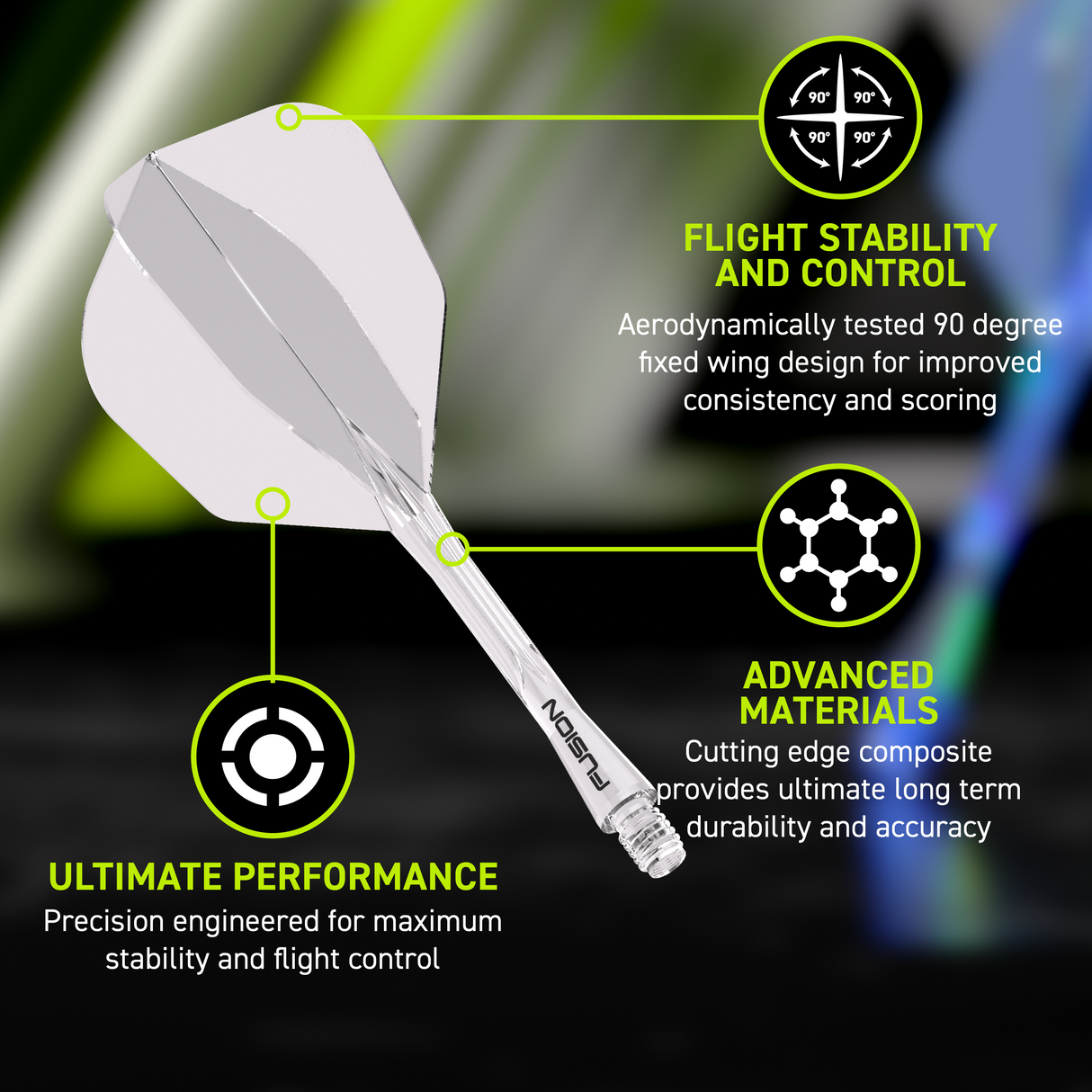 Fusion Integrated Flight & Shaft Clear No6 by Winmau promotional graphic highlighting the key features and performance benefits.