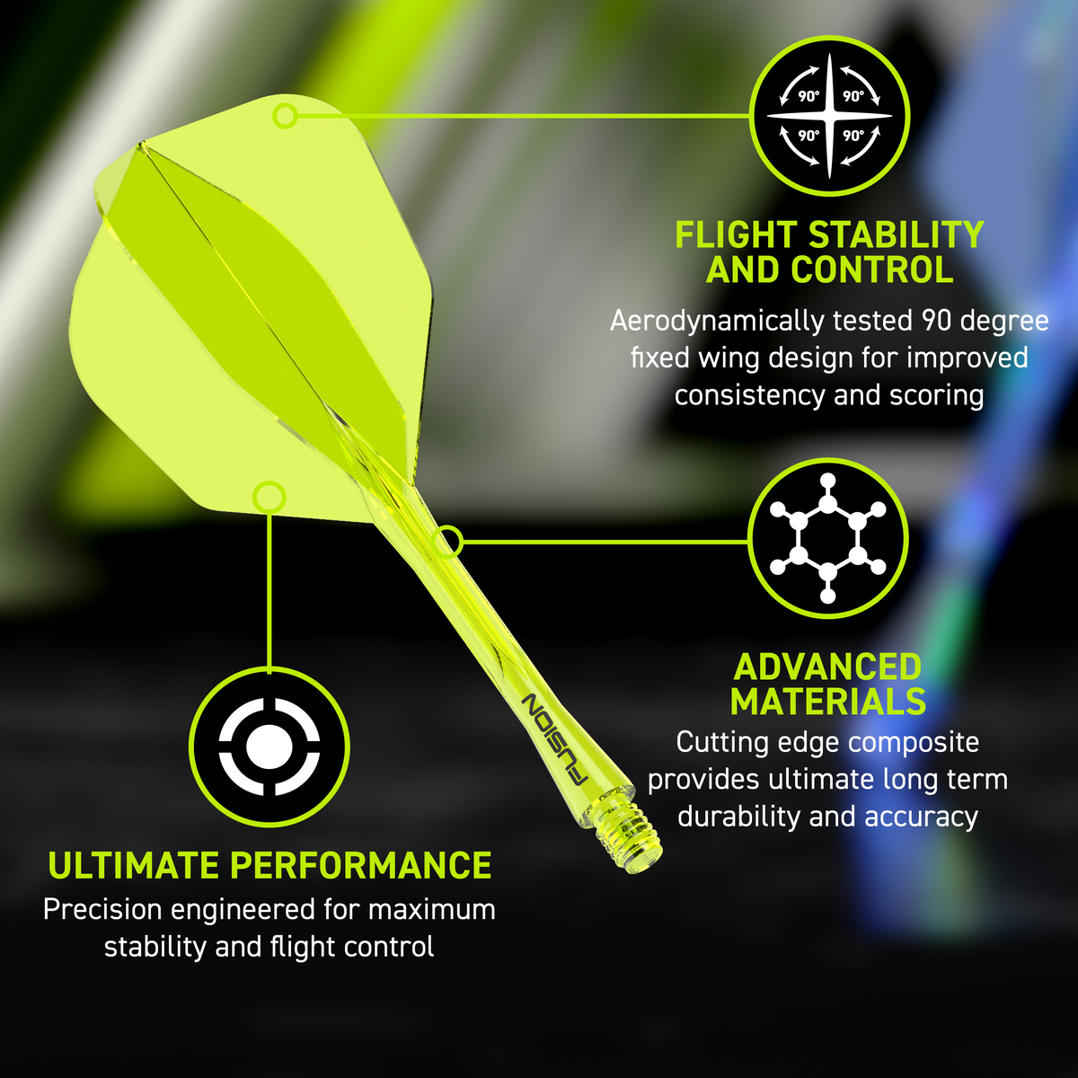 Fusion Integrated Flight & Shaft Neon Yellow No6 by Winmau promotional graphic highlighting the key features and performance benefits.