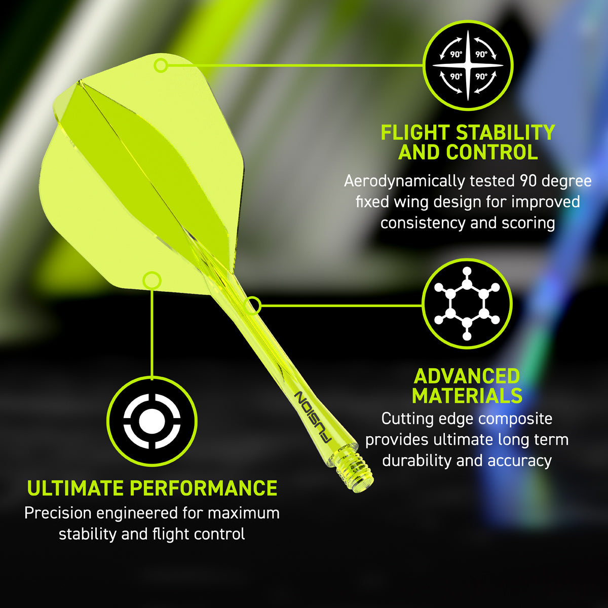 Fusion Integrated Flight & Shaft Neon Yellow No6 by Winmau promotional graphic highlighting the key features and performance benefits.