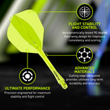 Fusion Integrated Flight & Shaft Neon Yellow No6 by Winmau promotional graphic highlighting the key features and performance benefits.