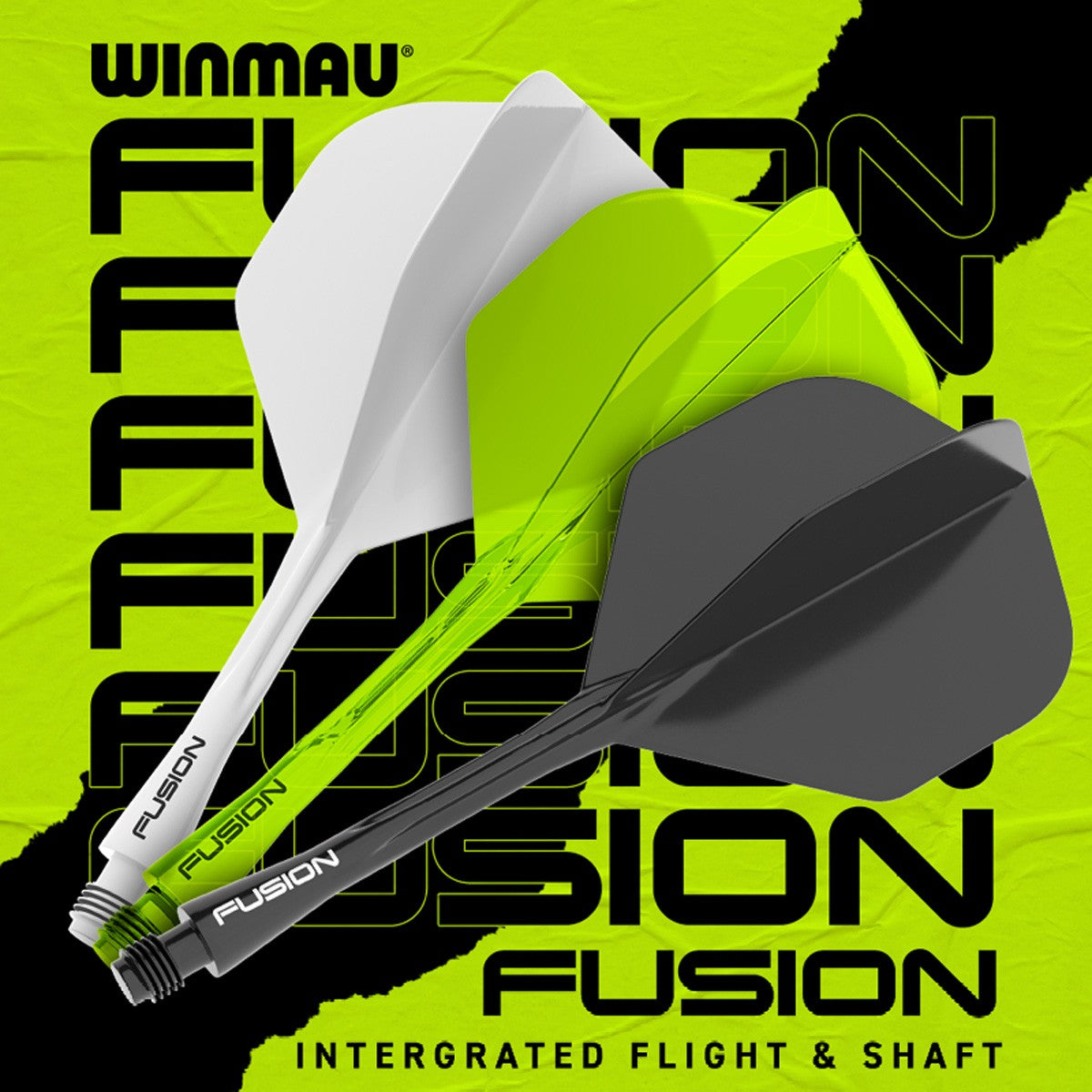 Fusion Integrated Flight & Shaft No2 by Winmau promotional graphic highlighting the key features and performance benefits.