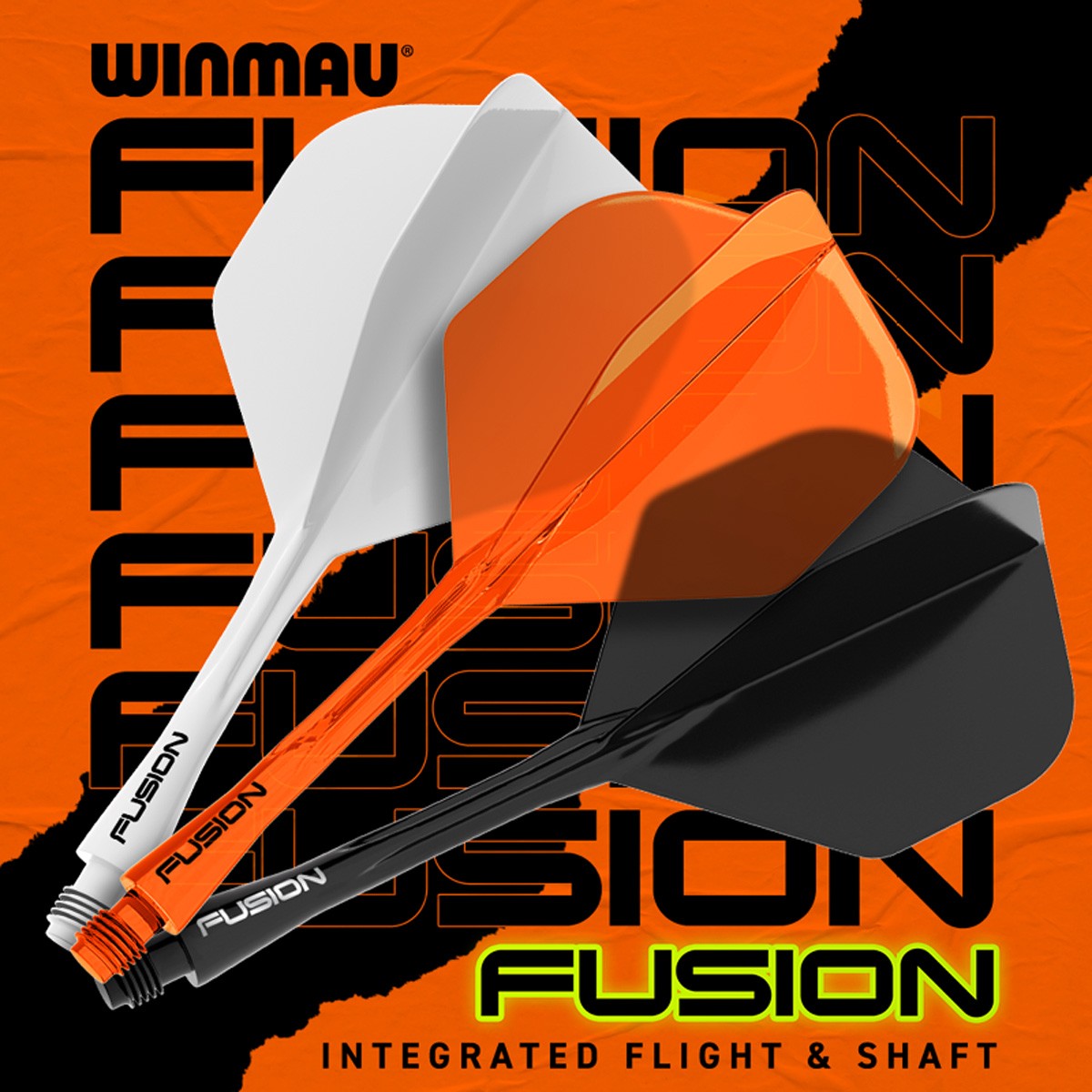 Fusion Integrated Flight & Shaft No2 by Winmau promotional graphic highlighting the key features and performance benefits.