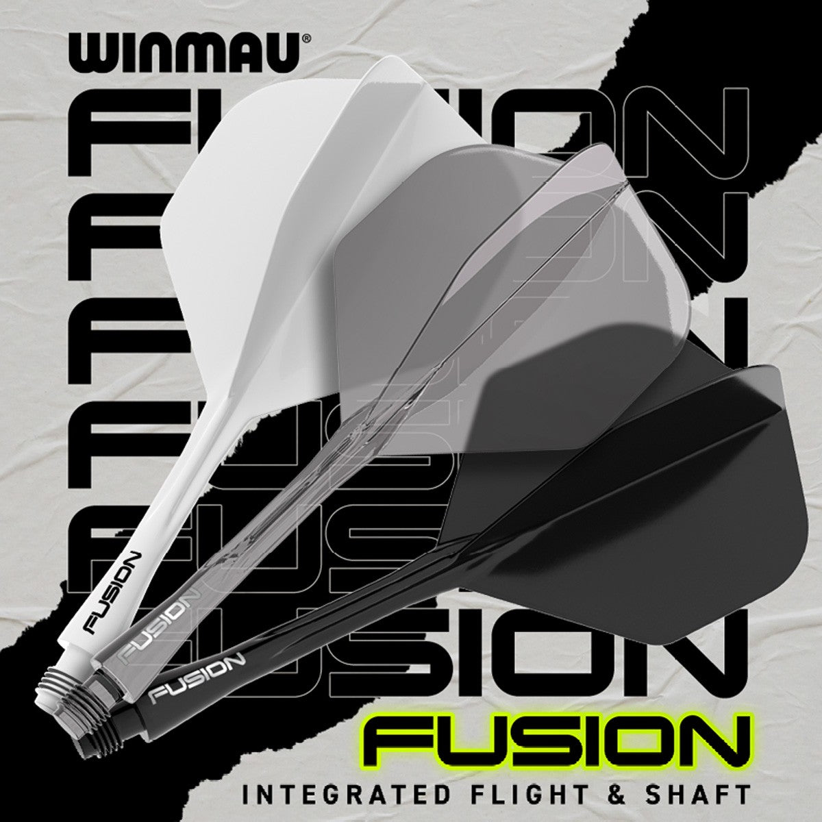 Fusion Integrated Flight & Shaft No2 by Winmau promotional graphic highlighting the key features and performance benefits.