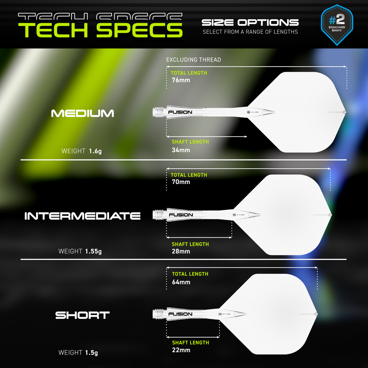 Fusion Integrated Flight & Shaft No2 by Winmau graphic displaying the product specifications and key technical information.