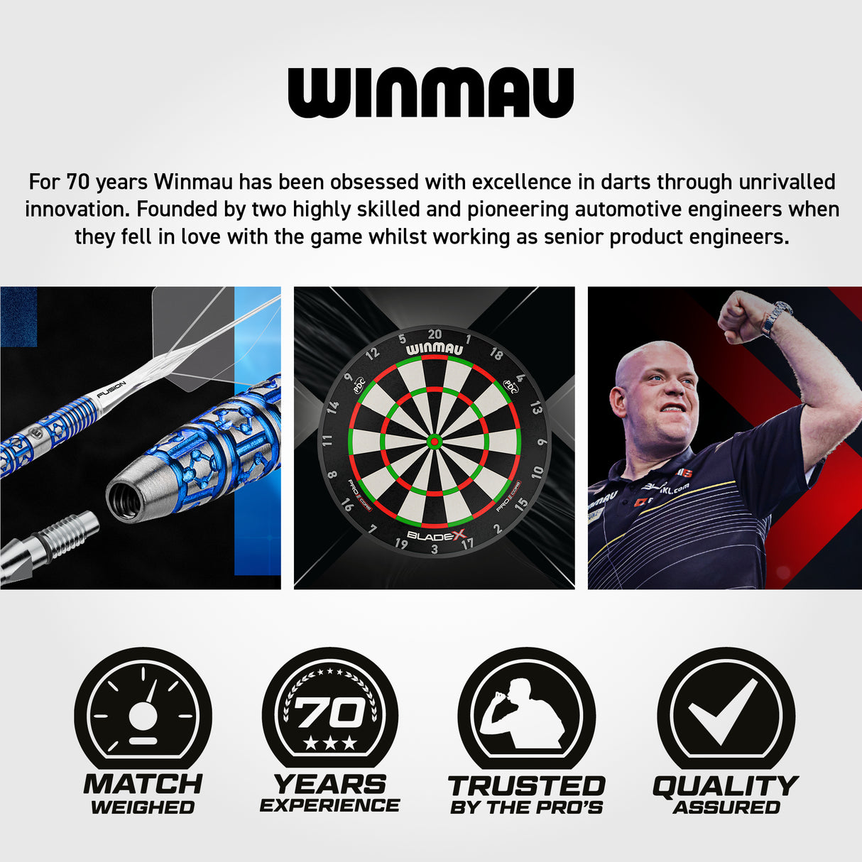 Fusion Integrated Flight & Shaft No2 by Winmau graphic showing the professional player or dart range that uses this product.