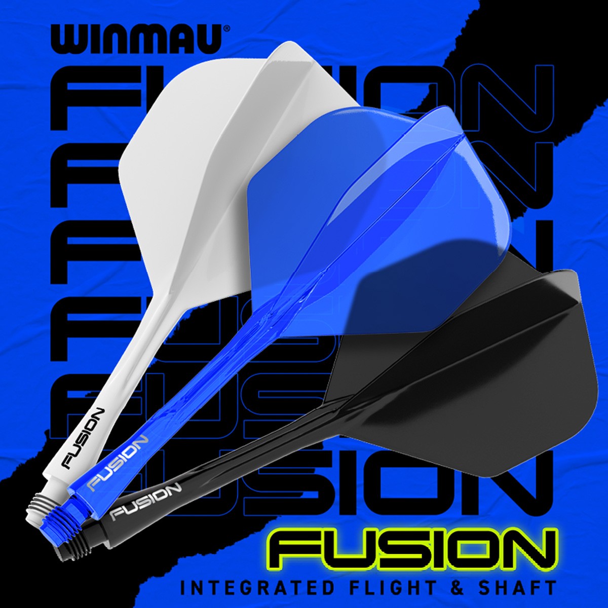Fusion Integrated Flight & Shaft No2 by Winmau promotional graphic highlighting the key features and performance benefits.
