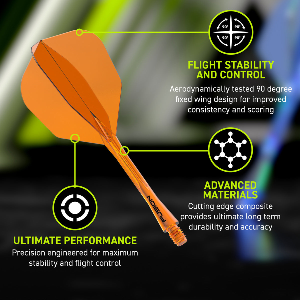 Winmau Fusion Integrated Flight & Shaft Orange No6 promotional graphic highlighting the key features and performance benefits.
