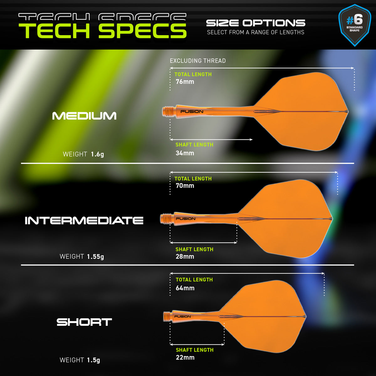 Winmau Fusion Integrated Flight & Shaft Orange No6 graphic displaying the product specifications and key technical information.