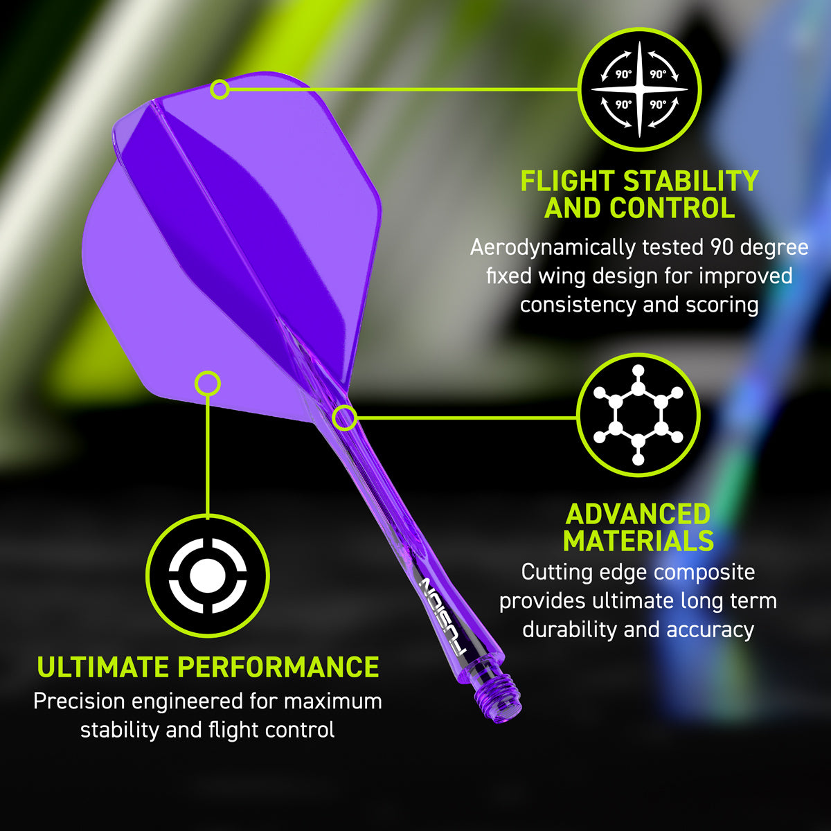 Fusion Integrated Flight & Shaft Purple No2 by Winmau promotional graphic highlighting the key features and performance benefits.