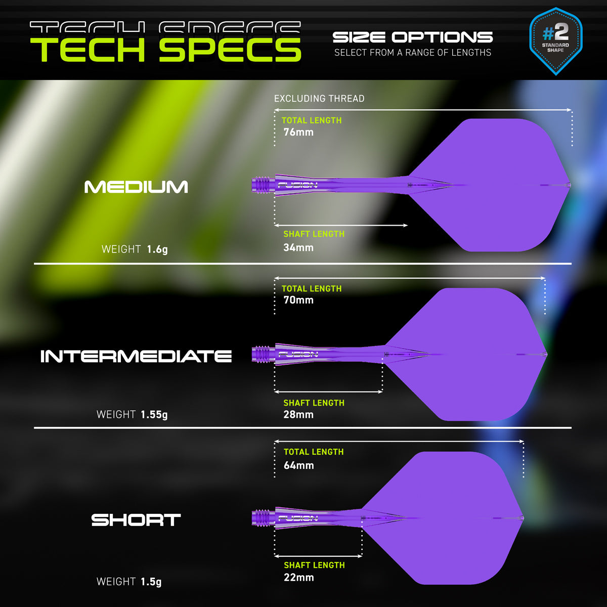 Fusion Integrated Flight & Shaft Purple No2 by Winmau graphic displaying the product specifications and key technical information.