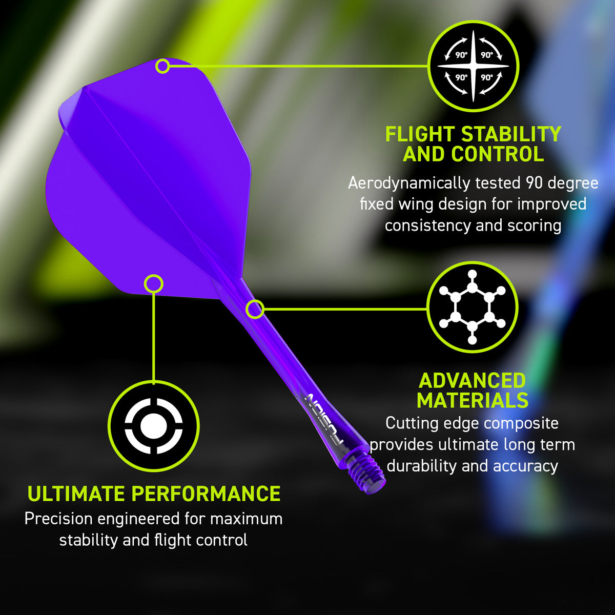 Winmau Fusion Integrated Flight & Shaft Purple No6 promotional graphic highlighting the key features and performance benefits.