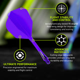 Winmau Fusion Integrated Flight & Shaft Purple No6 promotional graphic highlighting the key features and performance benefits.