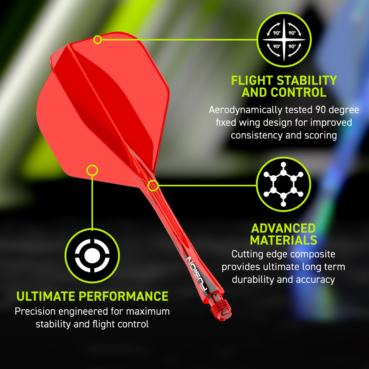 Fusion Integrated Flight & Shaft Red No2 by Winmau promotional graphic highlighting the key features and performance benefits.