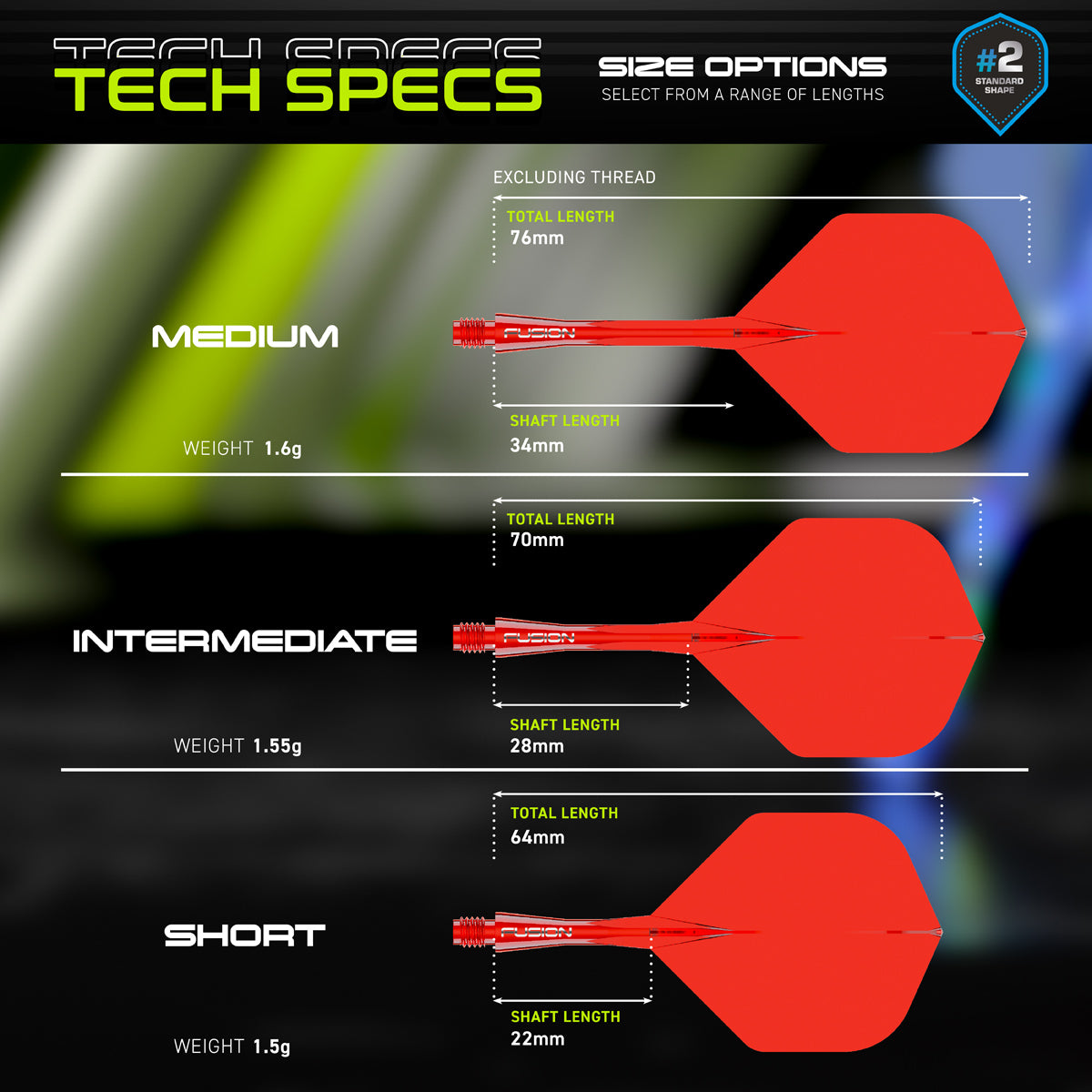 Fusion Integrated Flight & Shaft Red No2 by Winmau graphic displaying the product specifications and key technical information.