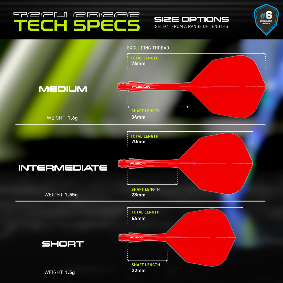Winmau Fusion Integrated Flight & Shaft Red No6 graphic displaying the product specifications and key technical information.