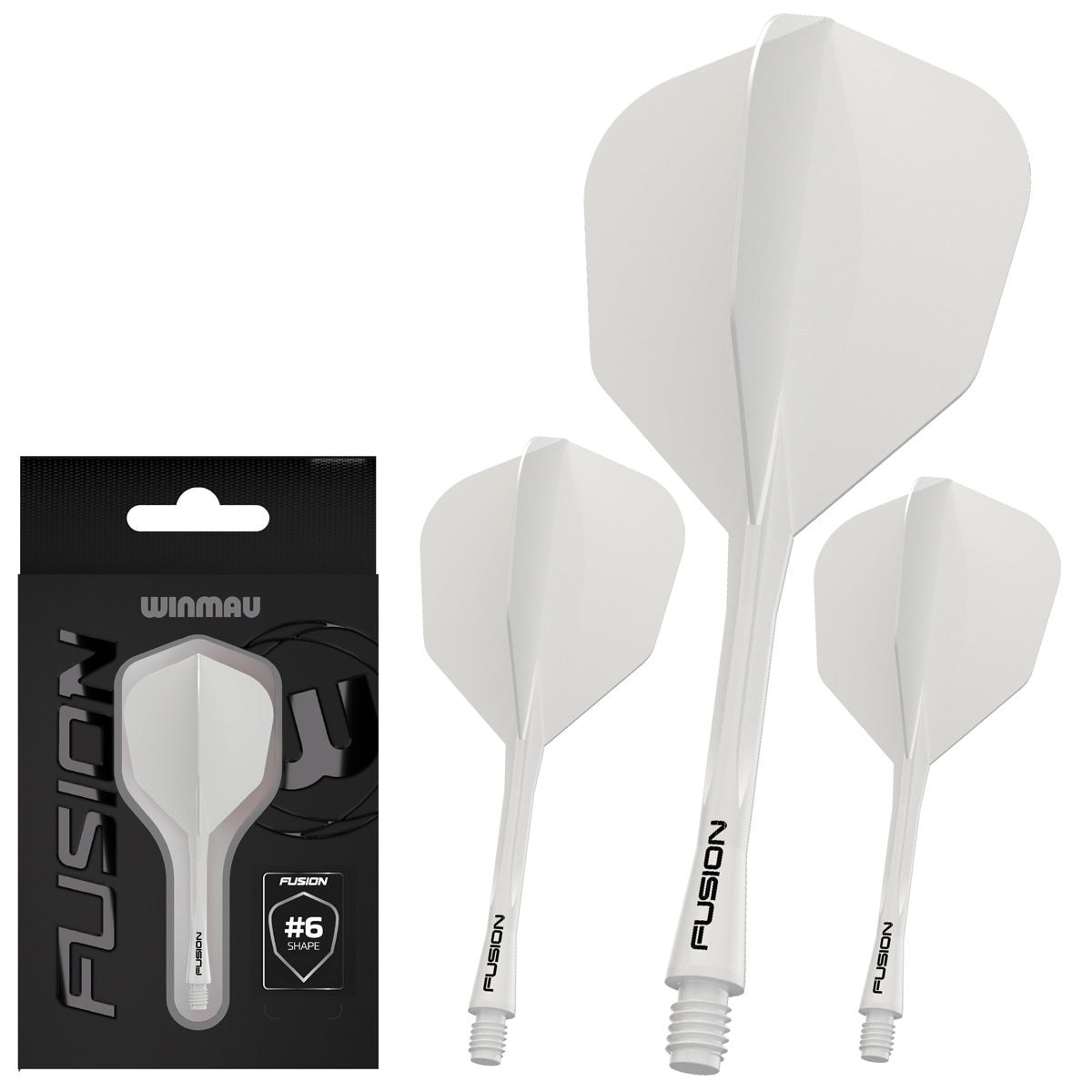 Winmau Fusion Integrated Flight & Shaft White No6 image showing the retail packaging.