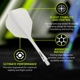 Winmau Fusion Integrated Flight & Shaft White No6 promotional graphic highlighting the key features and performance benefits.