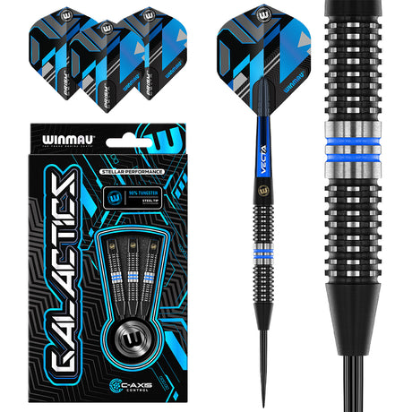 Galactics Steel Tip Darts main product image showing the darts, packaging, flights, shafts, and included accessories