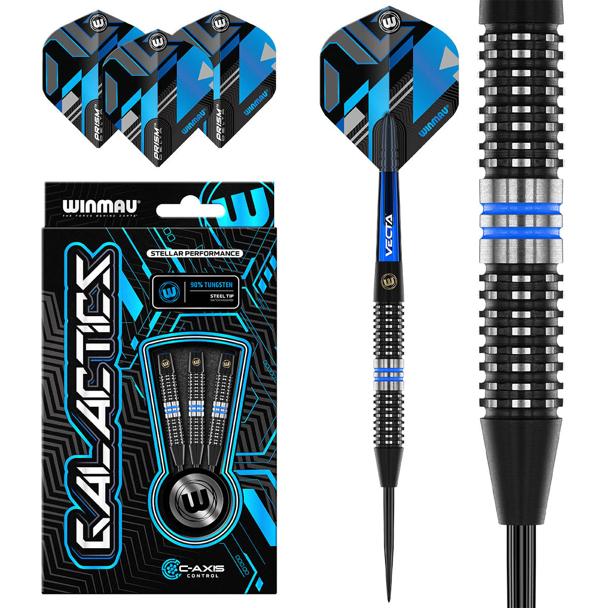 Galactics Steel Tip Darts main product image showing the darts, packaging, flights, shafts, and included accessories