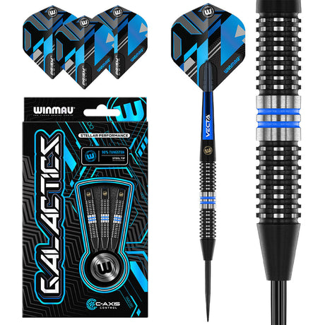Galactics Steel Tip Darts main product image showing the darts, packaging, flights, shafts, and included accessories