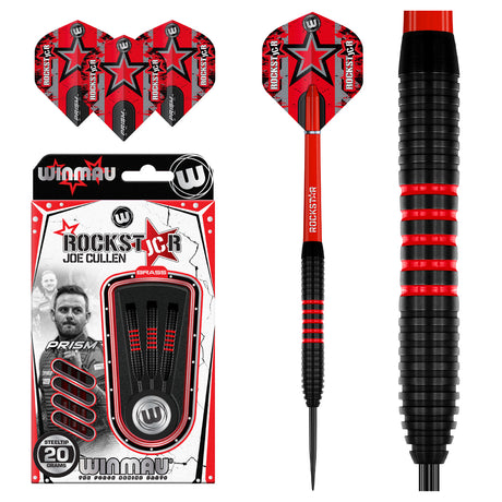 Joe Cullen Brass Steel Tip Darts main product image showing the darts, packaging, flights, shafts, and included accessories