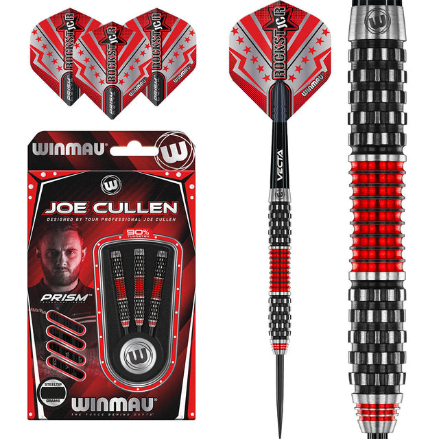 Joe Cullen Rockstar Series RS 1.0 Steel Tip Darts main product image showing the darts, packaging, flights, shafts, and included accessories