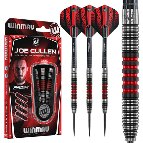 Joe Cullen Steel Tip Darts main product image showing the darts, packaging, flights, shafts, and included accessories
