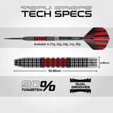 Joe Cullen Steel Tip Darts technical specifications image showing barrel dimensions, weight information, grip profile, and key product features