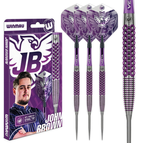 John Brown Signature Edition Steel Tip Darts main product image showing the darts, packaging, flights, shafts, and included accessories
