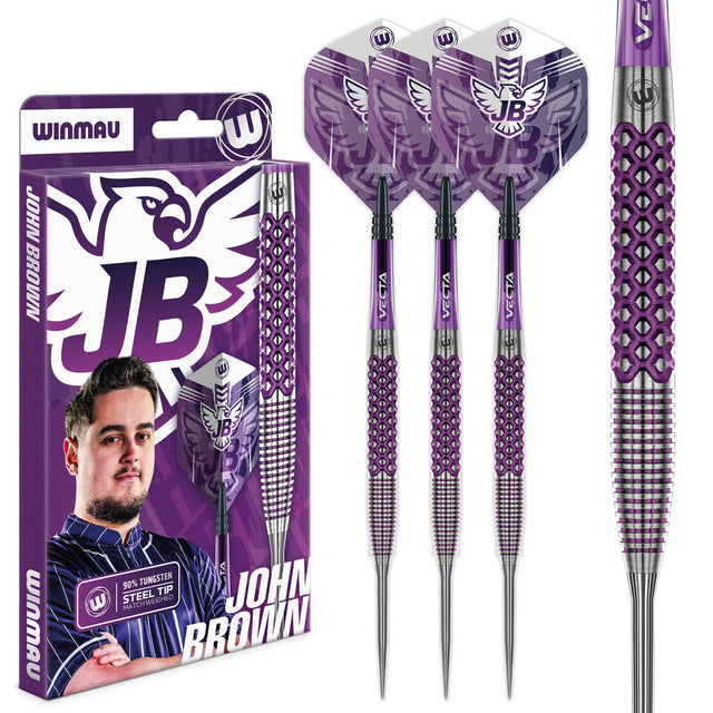 John Brown Signature Edition Steel Tip Darts main product image showing the darts, packaging, flights, shafts, and included accessories