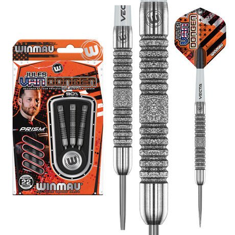 Jules van Dongen Steel Tip Darts main product image showing the darts, packaging, flights, shafts, and included accessories
