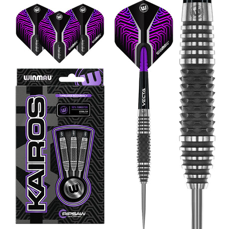 Kairos Steel Tip Darts main product image showing the darts, packaging, flights, shafts, and included accessories