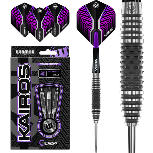 Kairos Steel Tip Darts main product image showing the darts, packaging, flights, shafts, and included accessories