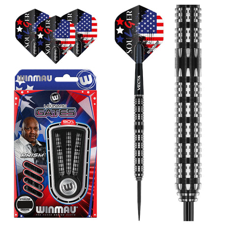 Leonard Gates Steel Tip Darts main product image showing the darts, packaging, flights, shafts, and included accessories