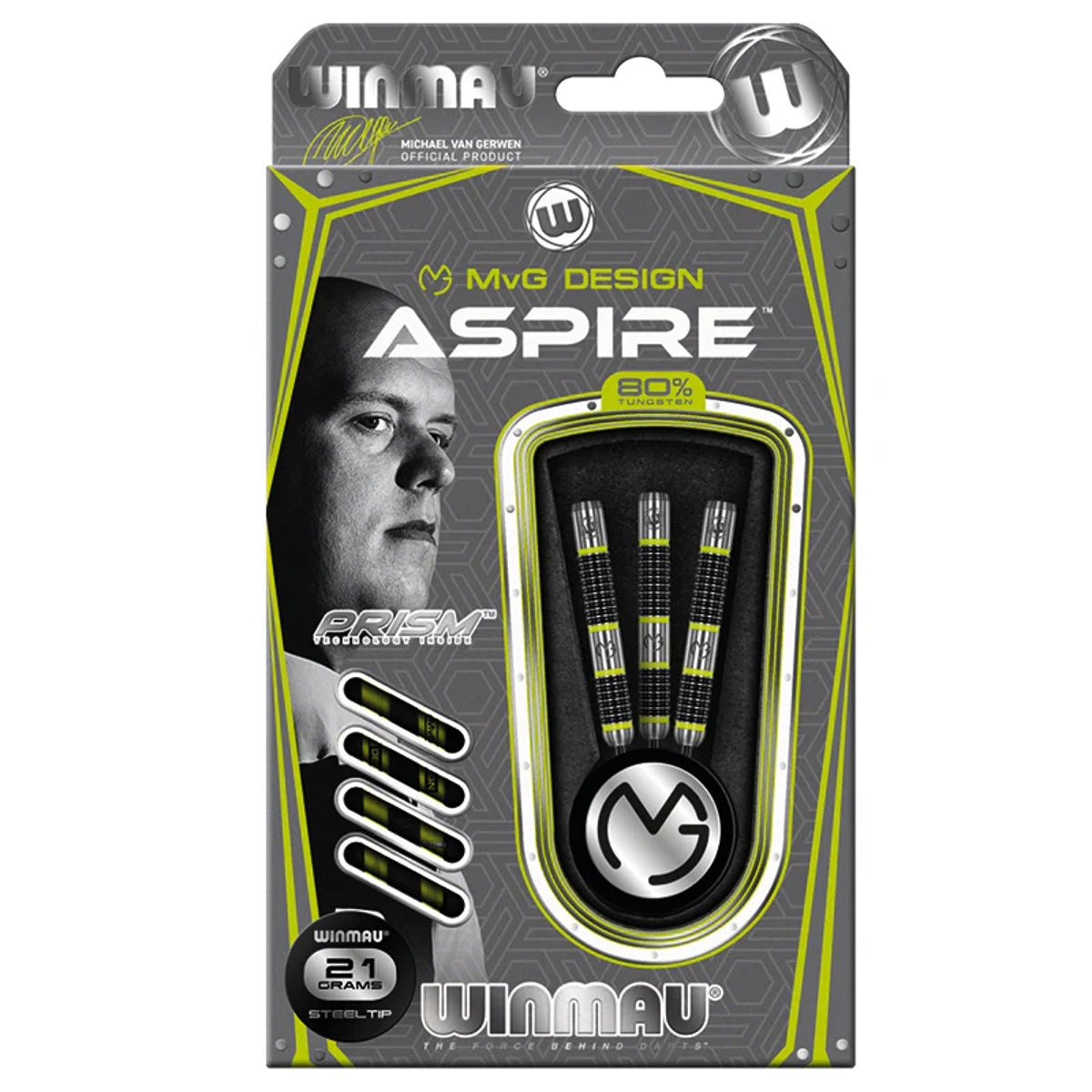Michael Van Gerwen MVG Aspire Steel Tip Darts packaging exterior image showing the outer box artwork, branding, and presentation design