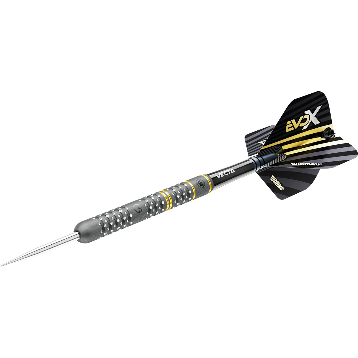Michael van Gerwen MvG Evo X Steel Tip Darts angled product image displaying the barrel profile, grip layout, and design features