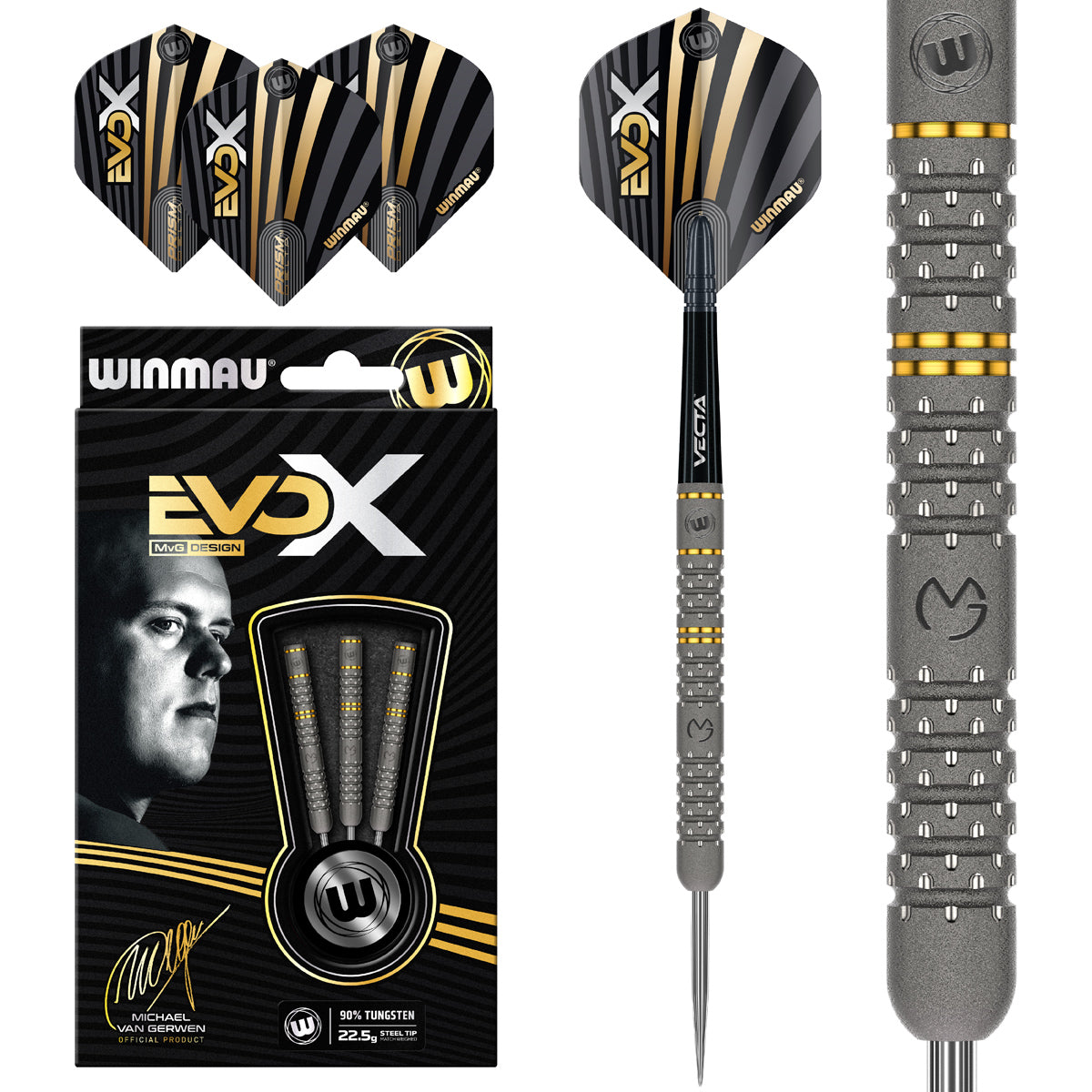 Michael van Gerwen MvG Evo X Steel Tip Darts main product image showing the darts, packaging, flights, shafts, and included accessories