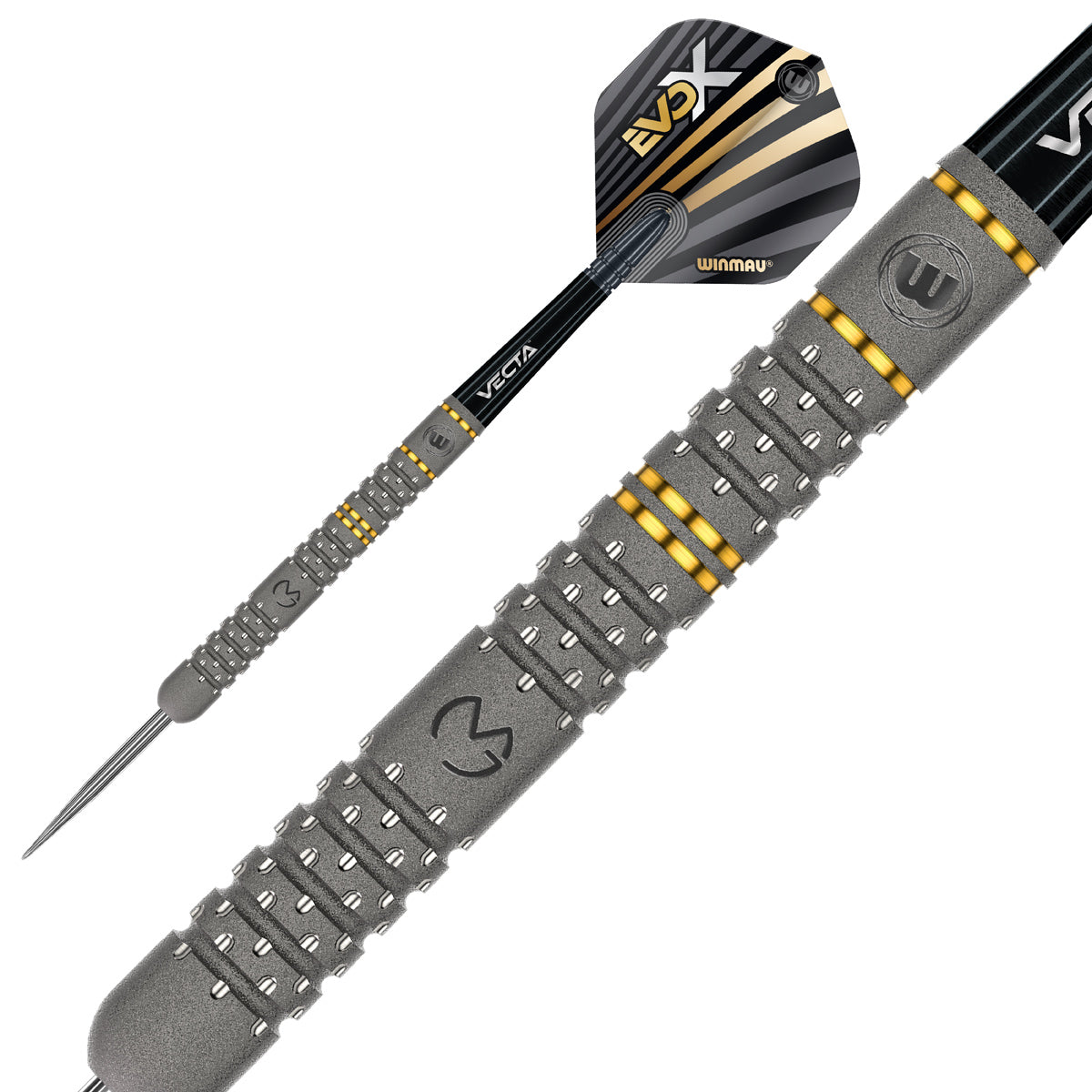 Michael van Gerwen MvG Evo X Steel Tip Darts close up image showing detailed grip patterns, machining, coating, and precision craftsmanship