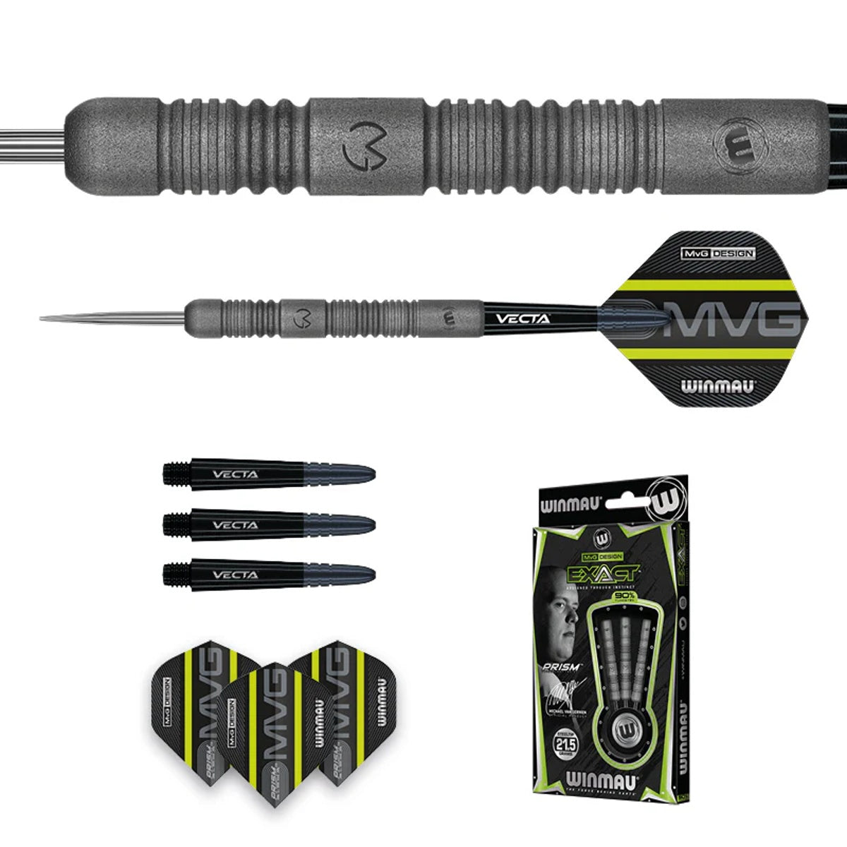 Michael van Gerwen MvG Exact Steel Tip Darts contents image displaying everything included inside the package
